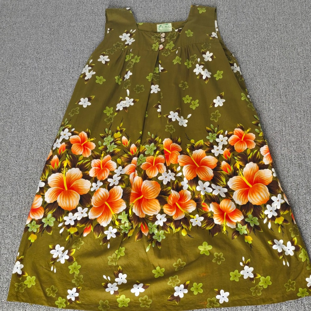 Vintage 60s Ui-Maikai Hawaiian Maxi Dress Cotton Hibiscus Tiki Muumuu Olive USA